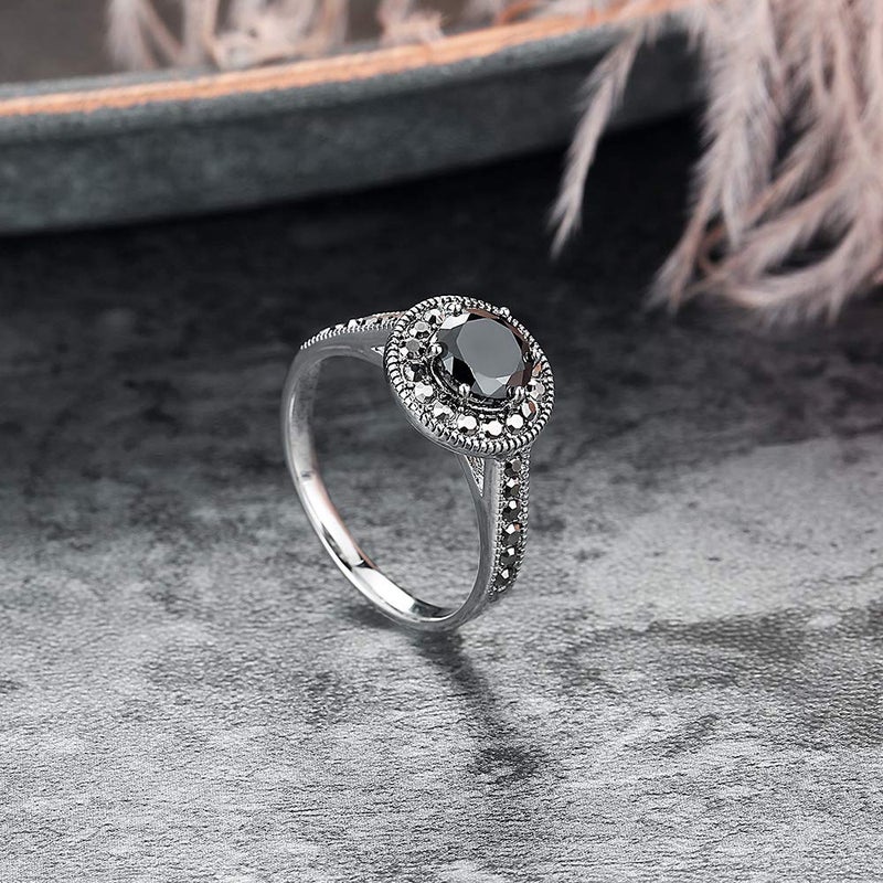 Mytys Vintage Wide Ring Classic Black Marcasite Crystal Rows Statement Silver Chunky Rings (Silver 10, 6) - Image 5
